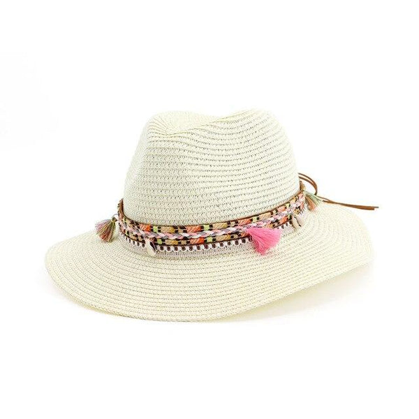 Straw Panama Hat with Tassels and Puka Shells
