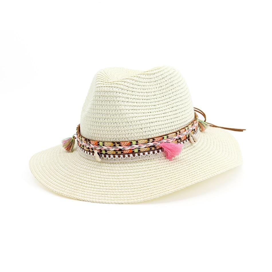 Straw Panama Hat with Tassels and Puka Shells-Hats-Innovato Design-Milk White-Innovato Design