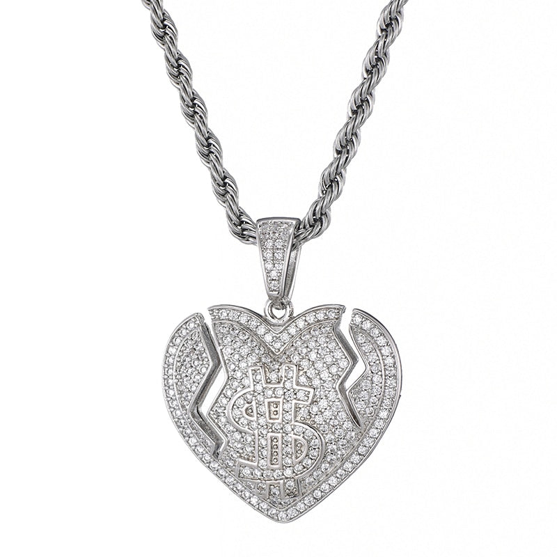 Micro Paved Cubic-Zirconia-Studded Broken Heart with Dollar Sign Bling Hip-hop Pendant Necklace-Necklaces-Innovato Design-Silver-6mm Cuban Chain-24inch-Innovato Design