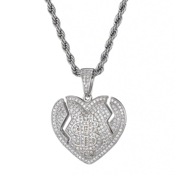 Micro Paved Cubic-Zirconia-Studded Broken Heart with Dollar Sign Bling Hip-hop Pendant Necklace-Necklaces-Innovato Design-Silver-6mm Cuban Chain-24inch-Innovato Design
