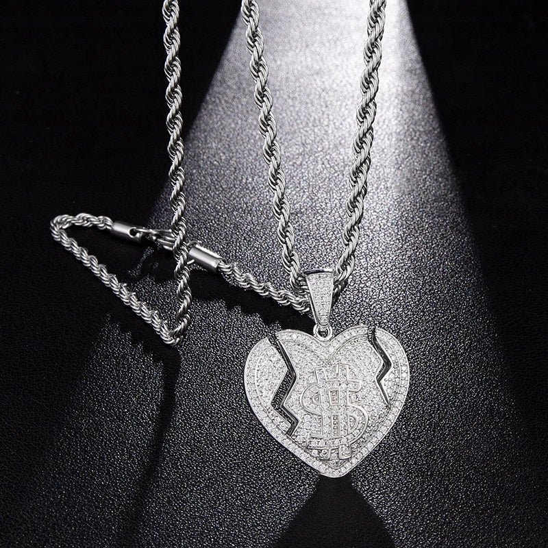 Micro Paved Cubic-Zirconia-Studded Broken Heart with Dollar Sign Bling Hip-hop Pendant Necklace-Necklaces-Innovato Design-Silver-6mm Cuban Chain-24inch-Innovato Design