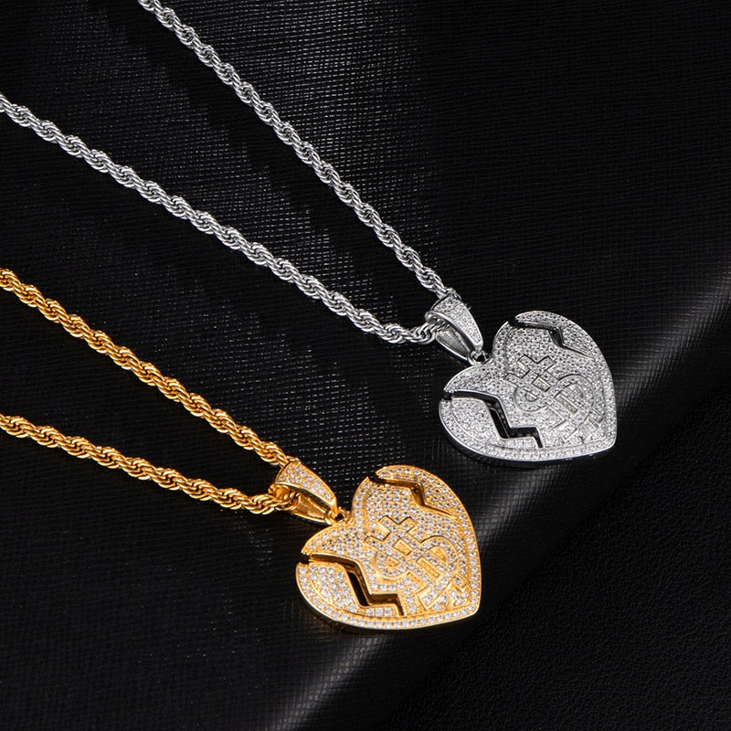 Micro Paved Cubic-Zirconia-Studded Broken Heart with Dollar Sign Bling Hip-hop Pendant Necklace-Necklaces-Innovato Design-Silver-6mm Cuban Chain-24inch-Innovato Design
