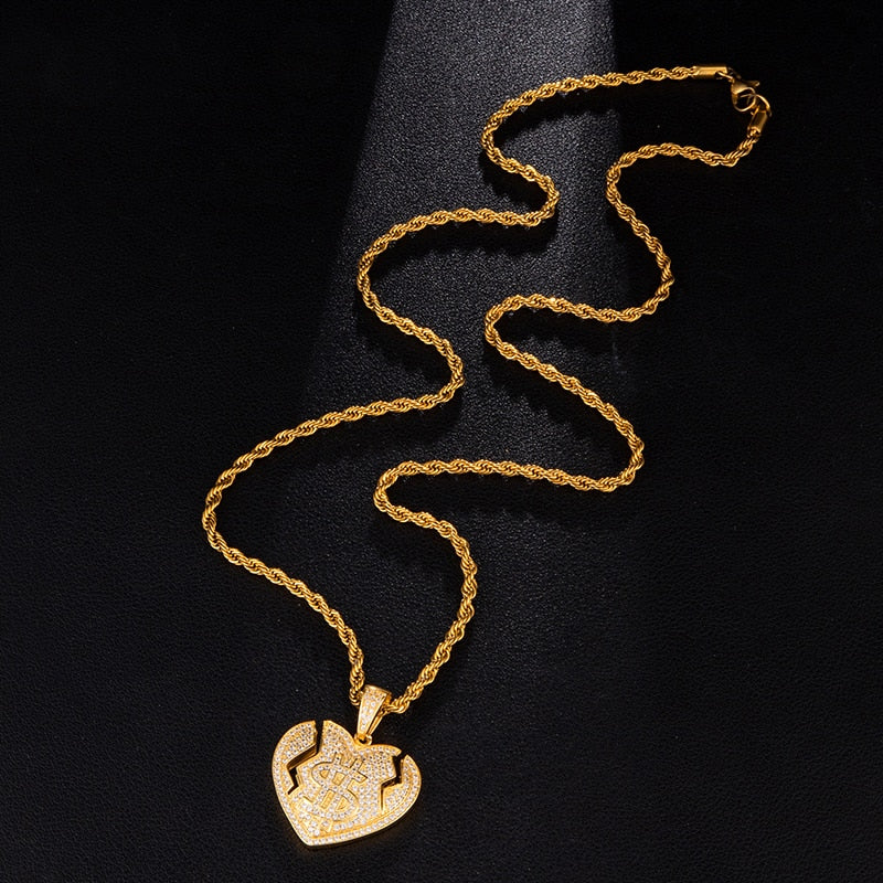 Micro Paved Cubic-Zirconia-Studded Broken Heart with Dollar Sign Bling Hip-hop Pendant Necklace-Necklaces-Innovato Design-Silver-6mm Cuban Chain-24inch-Innovato Design