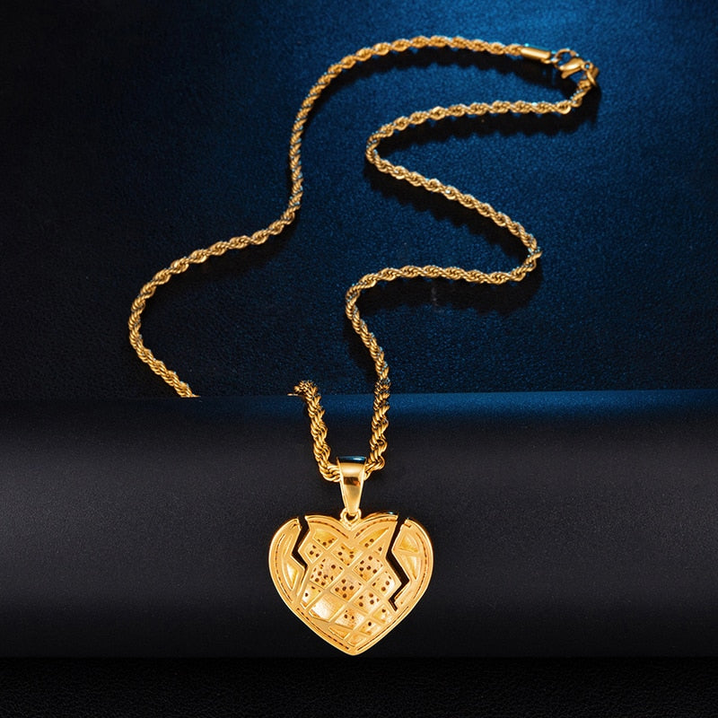 Micro Paved Cubic-Zirconia-Studded Broken Heart with Dollar Sign Bling Hip-hop Pendant Necklace-Necklaces-Innovato Design-Silver-6mm Cuban Chain-24inch-Innovato Design