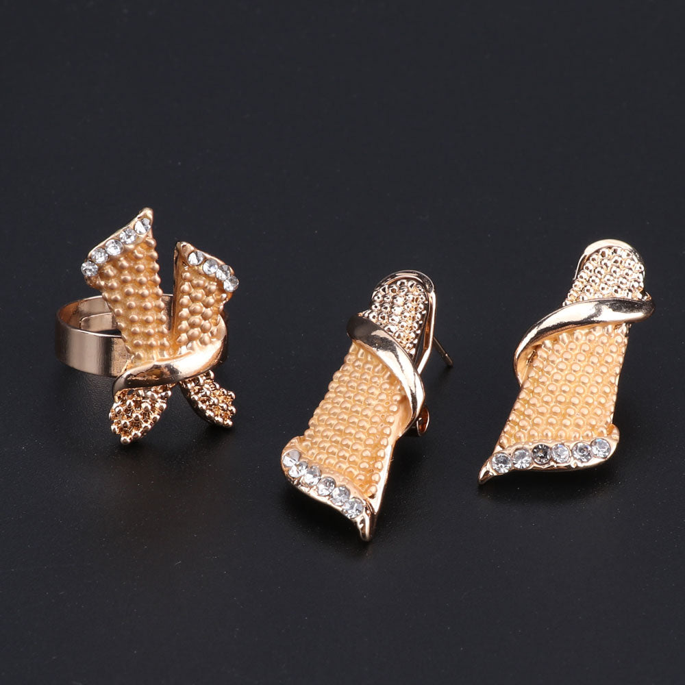 Gold/Silver-Plated Tie Crystal Necklace, Bracelet, Earrings & Ring Wedding Statement Jewelry Set-Jewelry Sets-Innovato Design-Gold-Innovato Design