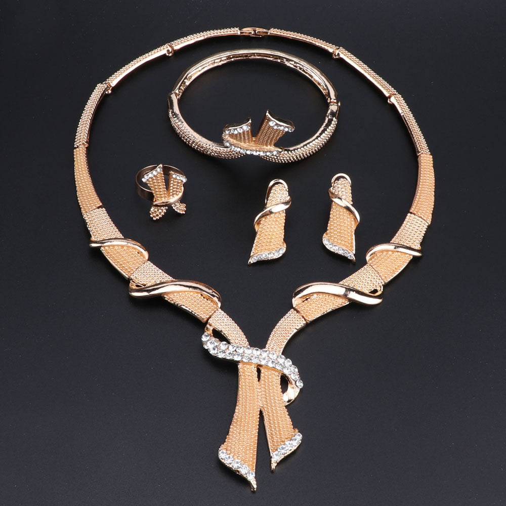 Gold/Silver-Plated Tie Crystal Necklace, Bracelet, Earrings & Ring Wedding Statement Jewelry Set-Jewelry Sets-Innovato Design-Gold-Innovato Design