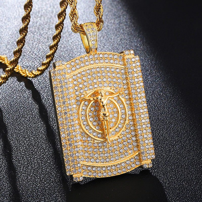 Rhinestone-Studded Gold-Plated Jesus Bling Rope Chain Hip-hop Pendant Necklace-Necklaces-Innovato Design-Innovato Design