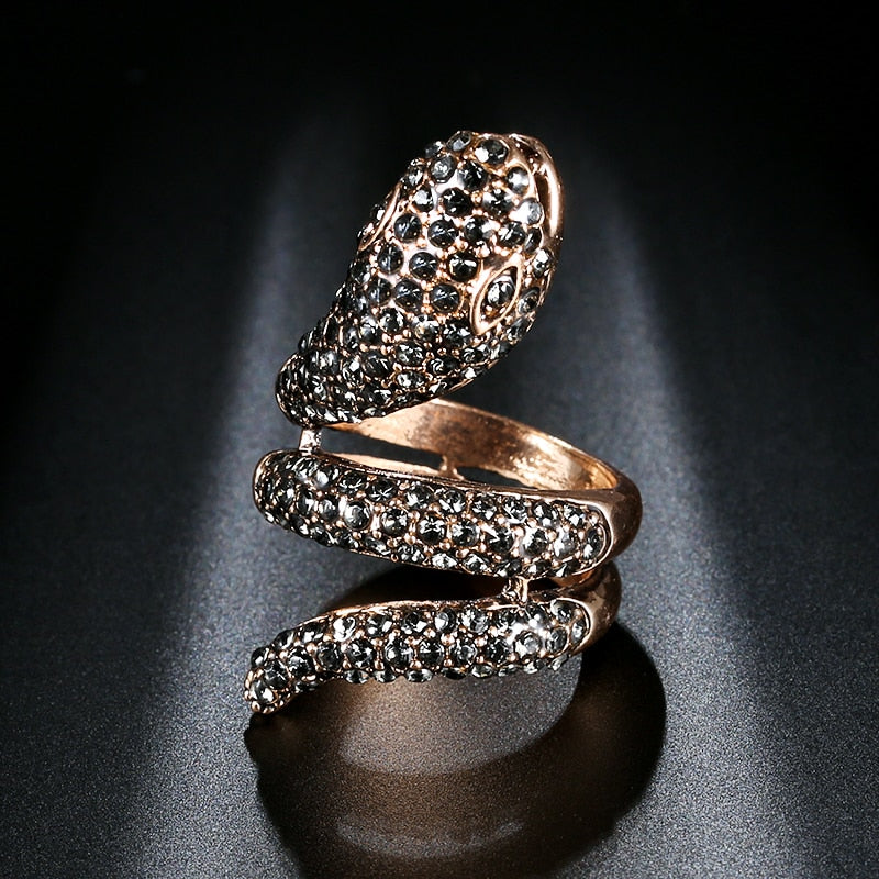Snake Antique Gold and Gray Crystal 316L Stainless Steel Vintage Ring-Rings-Innovato Design-6-Innovato Design