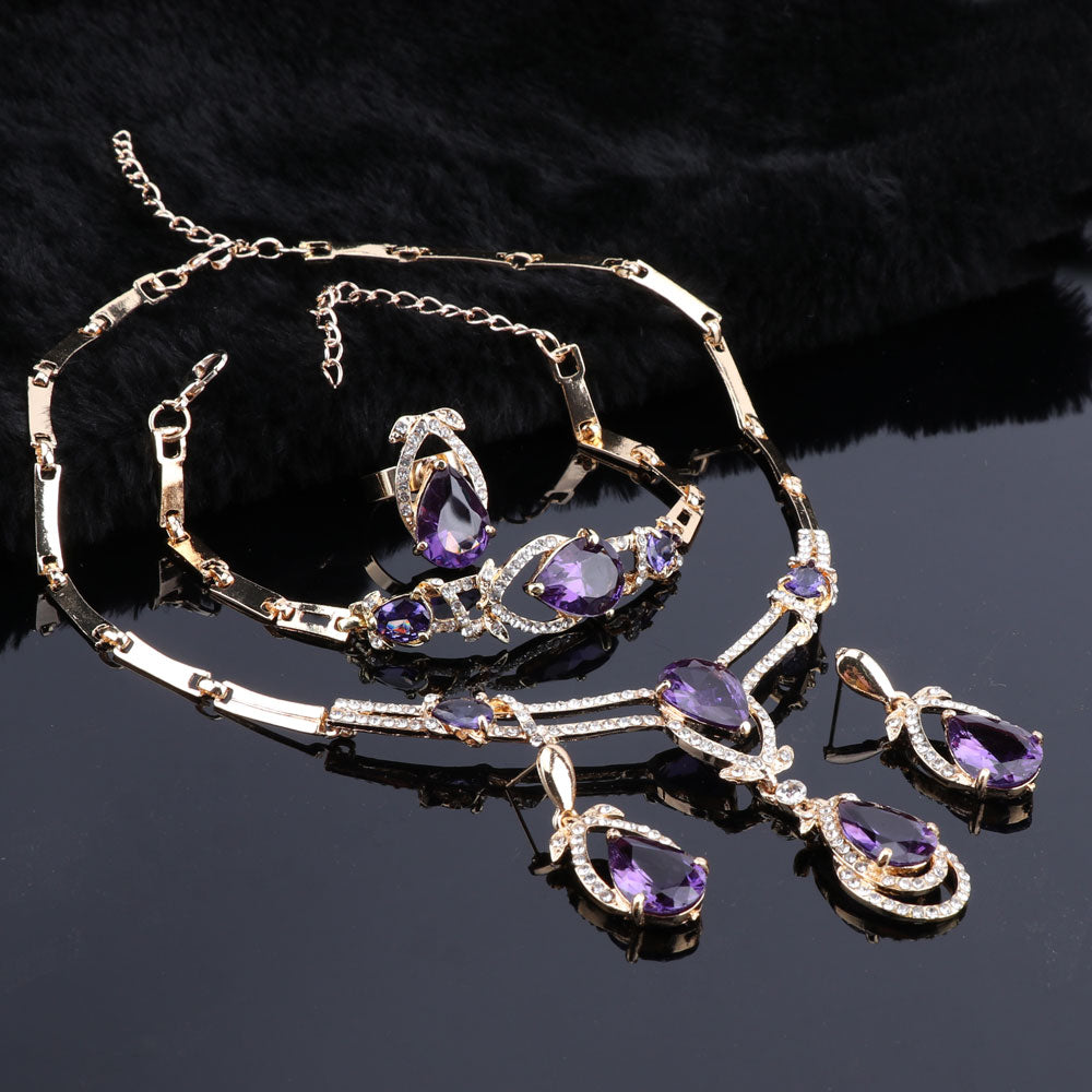 Purple Cubic Zirconia and Crystal Necklace, Bracelet, Earrings & Ring Wedding Statement Jewelry Set-Jewelry Sets-Innovato Design-Gold-Innovato Design