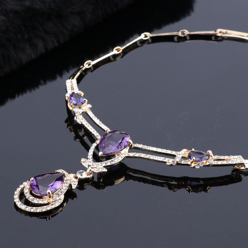 Purple Cubic Zirconia and Crystal Necklace, Bracelet, Earrings & Ring Wedding Statement Jewelry Set-Jewelry Sets-Innovato Design-Gold-Innovato Design