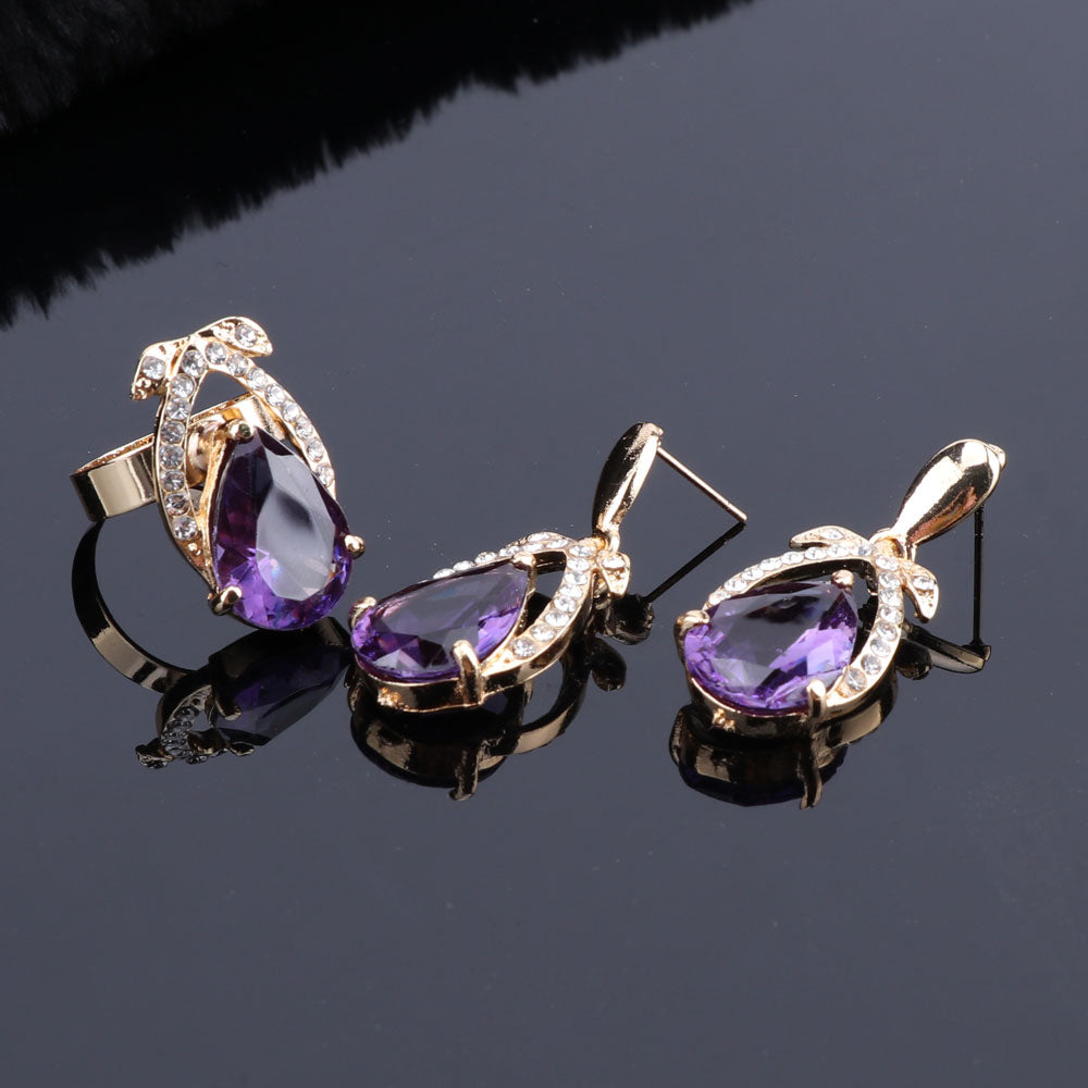 Purple Cubic Zirconia and Crystal Necklace, Bracelet, Earrings & Ring Wedding Statement Jewelry Set-Jewelry Sets-Innovato Design-Gold-Innovato Design