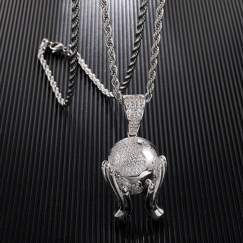 Cubic-Zirconia-Studded Hands Holding Earth Bling Hip-hop Pendant Necklace-Necklaces-Innovato Design-Gold-4mm Rope-20inch-Innovato Design