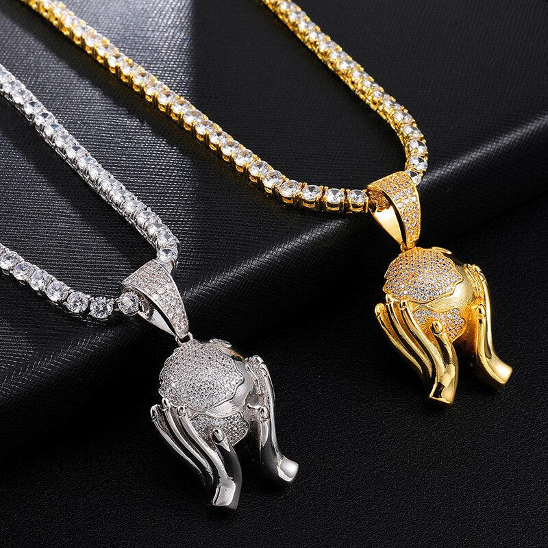 Cubic-Zirconia-Studded Hands Holding Earth Bling Hip-hop Pendant Necklace-Necklaces-Innovato Design-Gold-4mm Rope-20inch-Innovato Design