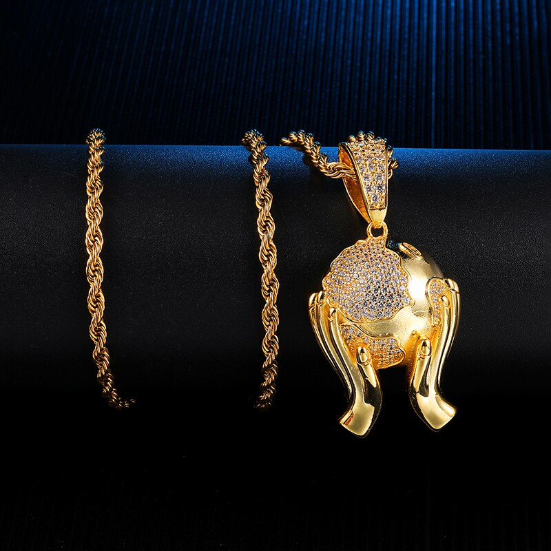 Cubic-Zirconia-Studded Hands Holding Earth Bling Hip-hop Pendant Necklace-Necklaces-Innovato Design-Gold-4mm Rope-20inch-Innovato Design