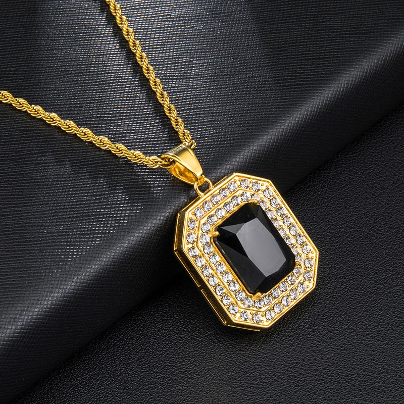 Paved Rhinestone-Studded Radiant Cut Black Stone Bling Stainless Steel Hip-hop Pendant Necklace-Necklaces-Innovato Design-Innovato Design