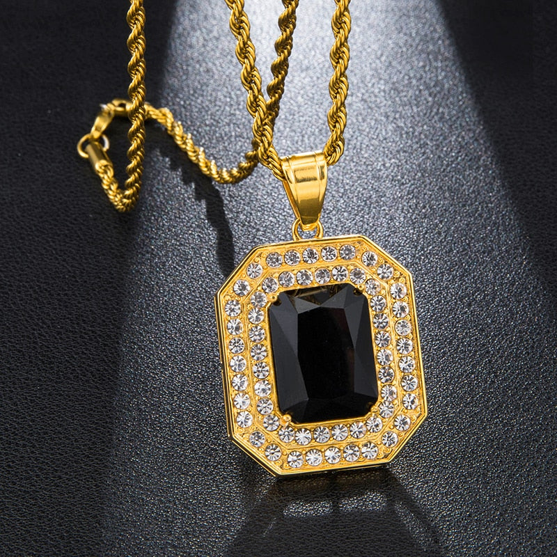 Paved Rhinestone-Studded Radiant Cut Black Stone Bling Stainless Steel Hip-hop Pendant Necklace-Necklaces-Innovato Design-Innovato Design