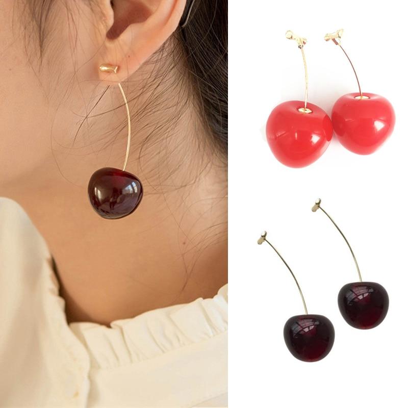 Realistic Red Cherry Drop Earrings-Earrings-Innovato Design-Dark Red-Innovato Design