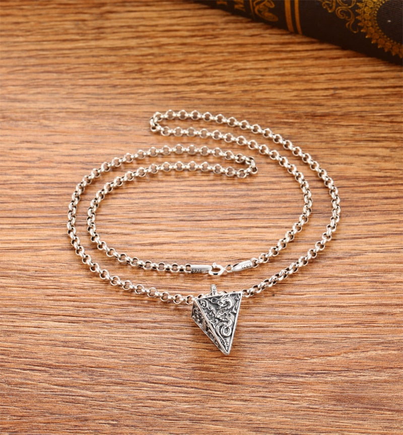 Four God Beasts Pyramid 925 Sterling Silver Vintage Punk Biker Pendant Necklace-Gothic Necklaces-Innovato Design-19.69in-Innovato Design