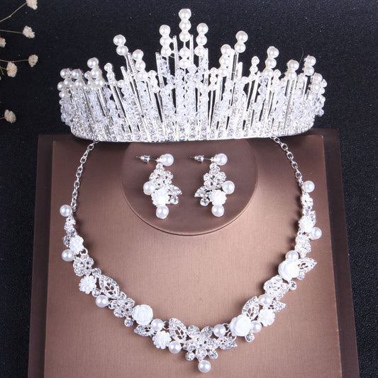 Crystal, Pearl and Rhinestone Tiara, Necklace & Earrings Wedding Prom Jewelry Set-Jewelry Sets-Innovato Design-Innovato Design