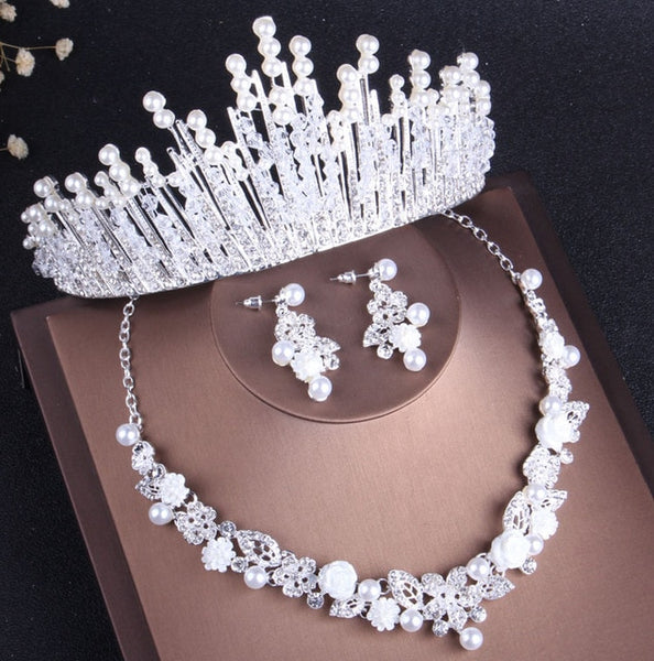 Crystal, Pearl and Rhinestone Tiara, Necklace & Earrings Wedding Prom Jewelry Set-Jewelry Sets-Innovato Design-Innovato Design