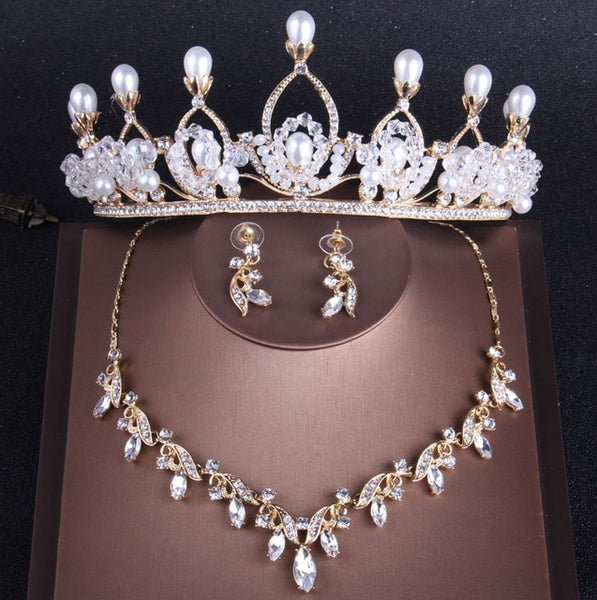 Queen Rhinestone and Pearl Tiara, Necklace & Earrings Wedding Jewelry Set-Jewelry Sets-Innovato Design-Innovato Design