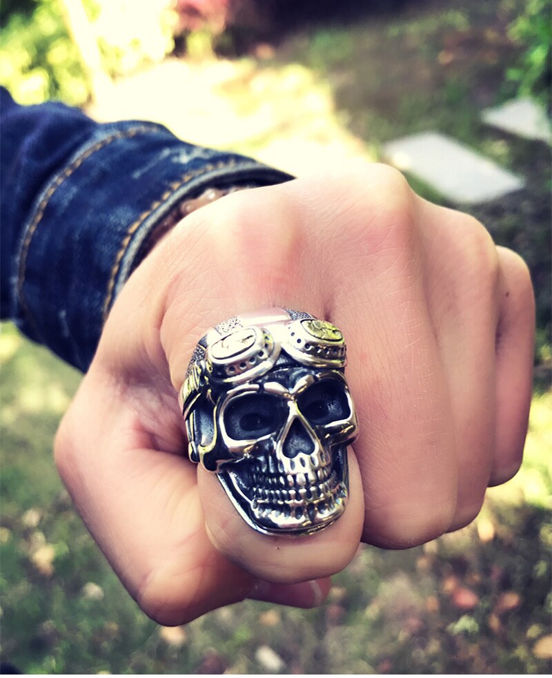 Gothic Skull Aviator Glasses 925 Sterling Silver Vintage Punk Biker Ring-Rings-Innovato Design-Innovato Design