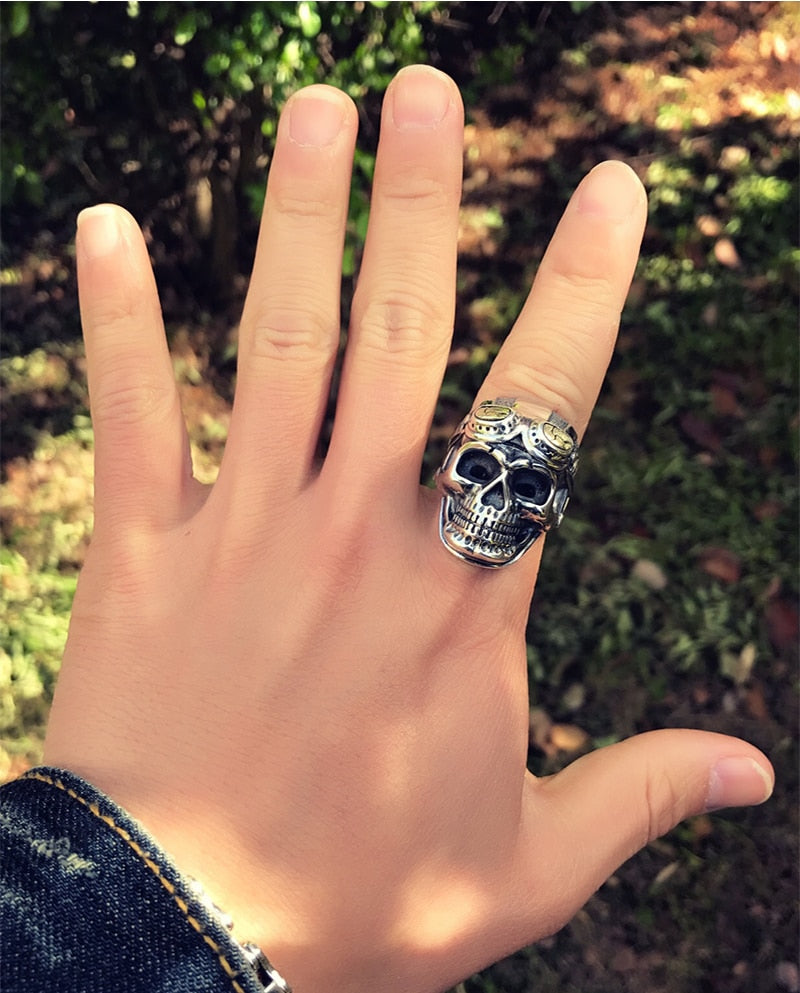 Gothic Skull Aviator Glasses 925 Sterling Silver Vintage Punk Biker Ring-Rings-Innovato Design-Innovato Design
