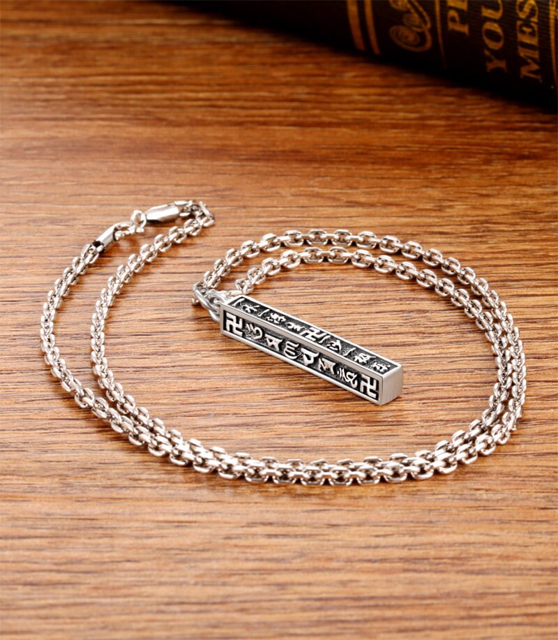 Six Words Mantra Cuboid 925 Sterling Silver Hip-hop Punk Pendant Necklace-Necklaces-Innovato Design-19.69in-Innovato Design