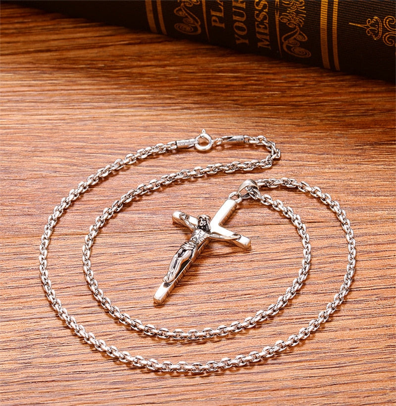 Jesus Christianity Cross 925 Sterling Silver Vintage Pendant-Necklaces-Innovato Design-19.69in-Innovato Design