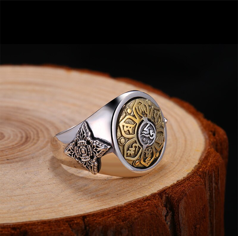 Buddha Six Words Signet and Flower Spinner 925 Sterling Silver Vintage Rock Ring-Rings-Innovato Design-Resizable-Six Words 18g-Innovato Design