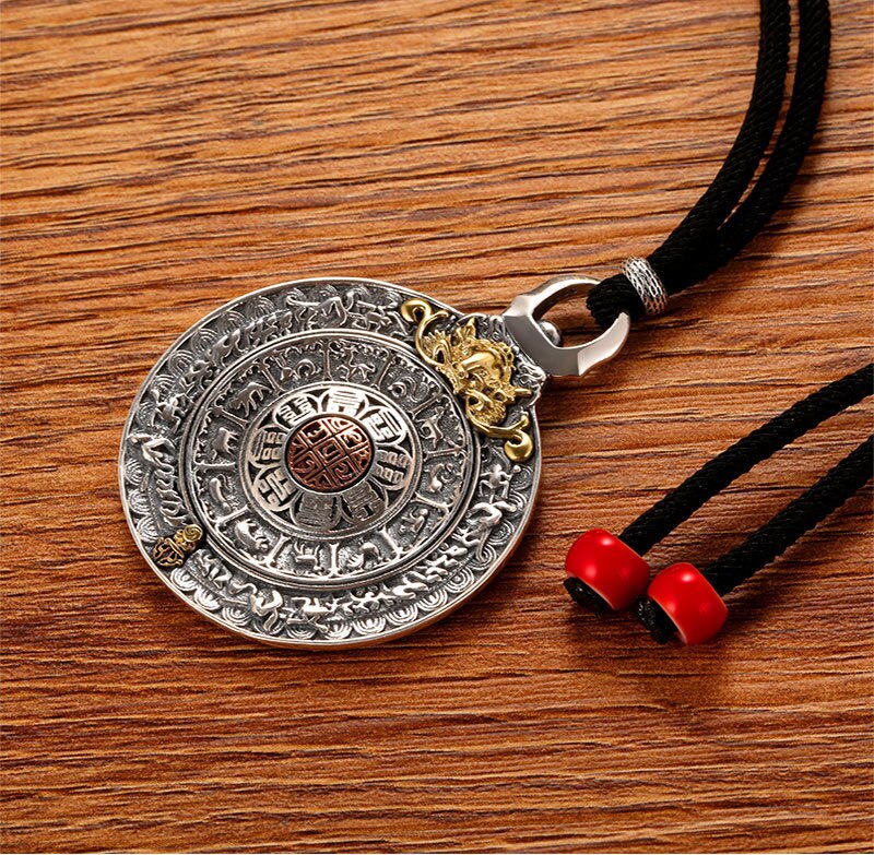 Round Chinese Zodiac Signs 925 Sterling Silver Vintage Pendant Necklace-Gothic Necklaces-Innovato Design-Adjustable Black Rope-Innovato Design