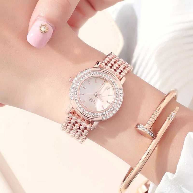 Women Diamond Quartz Watch and Crystal Bracelet, Necklace & Earrings Gift Box Set-Jewelry Sets-Innovato Design-Rose Gold-Innovato Design
