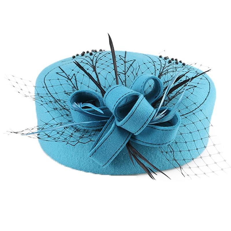 Wool Pillbox Fascinator Hat with Netted Veil, Flower, Feathers and Beads-Hats-Innovato Design-Sky Blue-Innovato Design