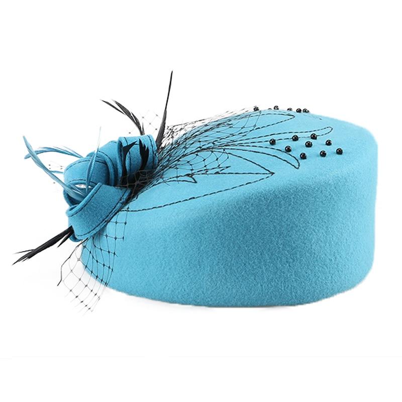 Wool Pillbox Fascinator Hat with Netted Veil, Flower, Feathers and Beads-Hats-Innovato Design-Purple Red-Innovato Design