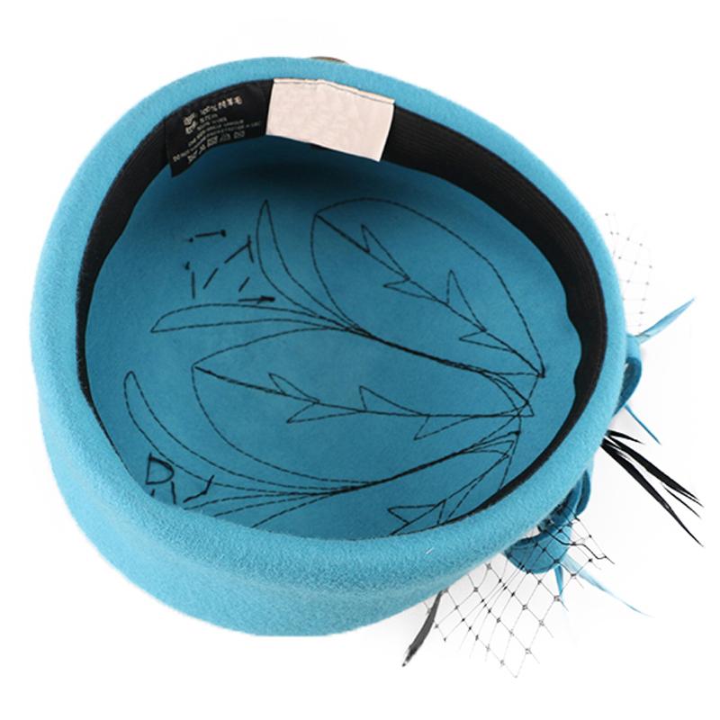 Wool Pillbox Fascinator Hat with Netted Veil, Flower, Feathers and Beads-Hats-Innovato Design-Purple Red-Innovato Design