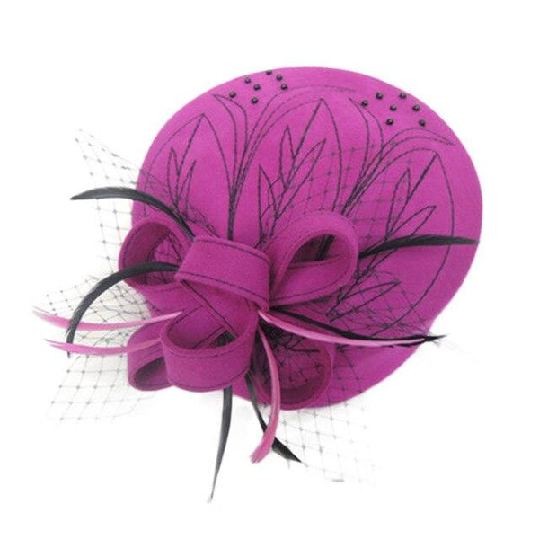 Wool Pillbox Fascinator Hat with Netted Veil, Flower, Feathers and Beads