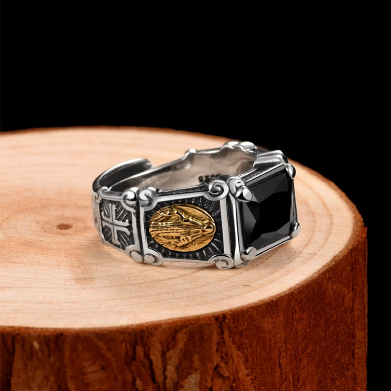 Virgin Mary Black Stone Onyx 925 Sterling Silver Vintage Ring-Gothic Rings-Innovato Design-Innovato Design