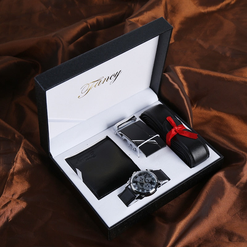 Men Quartz Watch, Leather Belt, and Wallet Gift Set with Box-Jewelry Sets-Innovato Design-Innovato Design