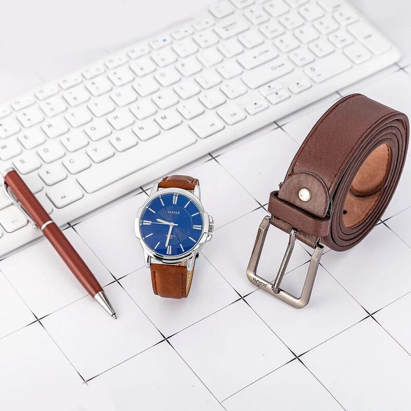 Men Quartz Watch, Leather Belt, and Ballpoint Pen Gift Box Set-Jewelry Sets-Innovato Design-Brown Blue-Innovato Design