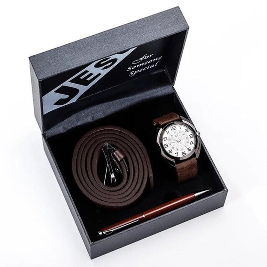 Men Quartz Watch, Leather Belt, and Ballpoint Pen Gift Box Set-Jewelry Sets-Innovato Design-Brown White-Innovato Design