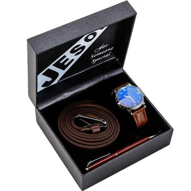 Men Quartz Watch, Leather Belt, and Ballpoint Pen Gift Box Set-Jewelry Sets-Innovato Design-Brown Blue-Innovato Design