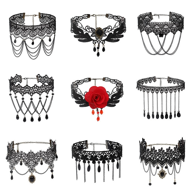 Black Beaded Choker Lace Gothic Vintage Necklace-Necklaces-Innovato Design-Black Pumpkin-Innovato Design