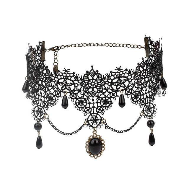 Black Beaded Choker Lace Gothic Vintage Necklace-Necklaces-Innovato Design-Black Flower-Innovato Design