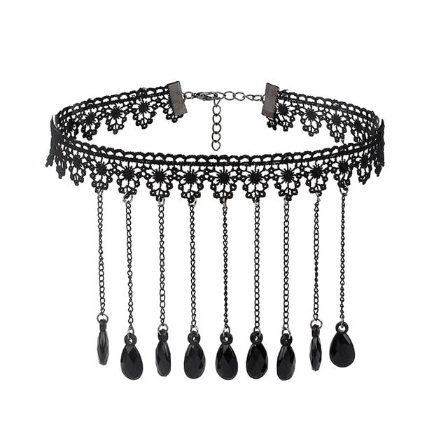 Black Beaded Choker Lace Gothic Vintage Necklace-Necklaces-Innovato Design-Black Crystals-Innovato Design