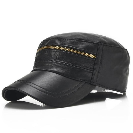 Black Genuine Sheepskin Leather Military Hat with Zipper Design-Hats-Innovato Design-Innovato Design