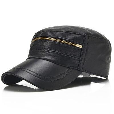 Black Genuine Sheepskin Leather Military Hat with Zipper Design
