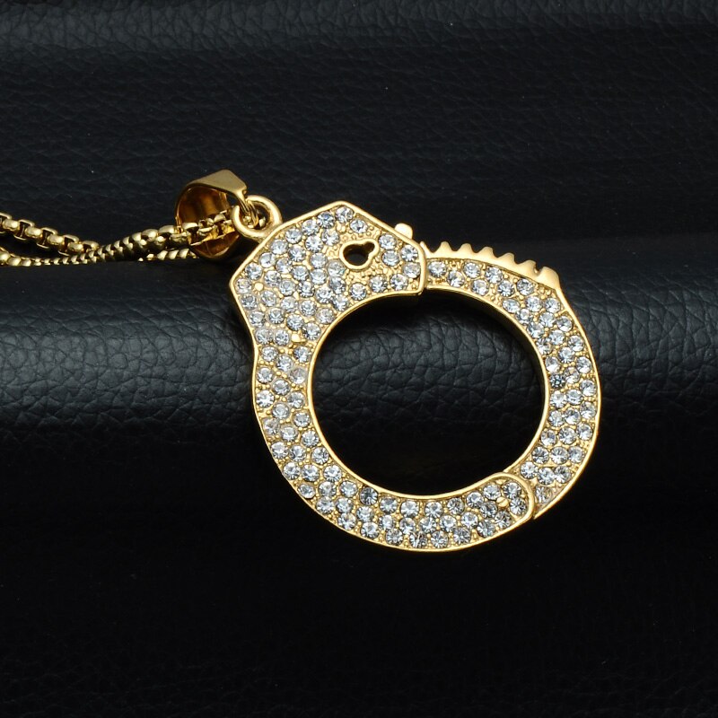 Gemstone-Studded Gold-Plated Handcuff Bling Stainless Steel Hip-hop Pendant Necklace-Necklaces-Innovato Design-Innovato Design