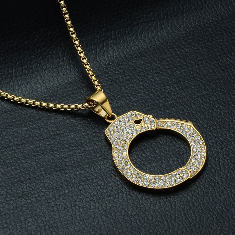 Gemstone-Studded Gold-Plated Handcuff Bling Stainless Steel Hip-hop Pendant Necklace-Necklaces-Innovato Design-Innovato Design