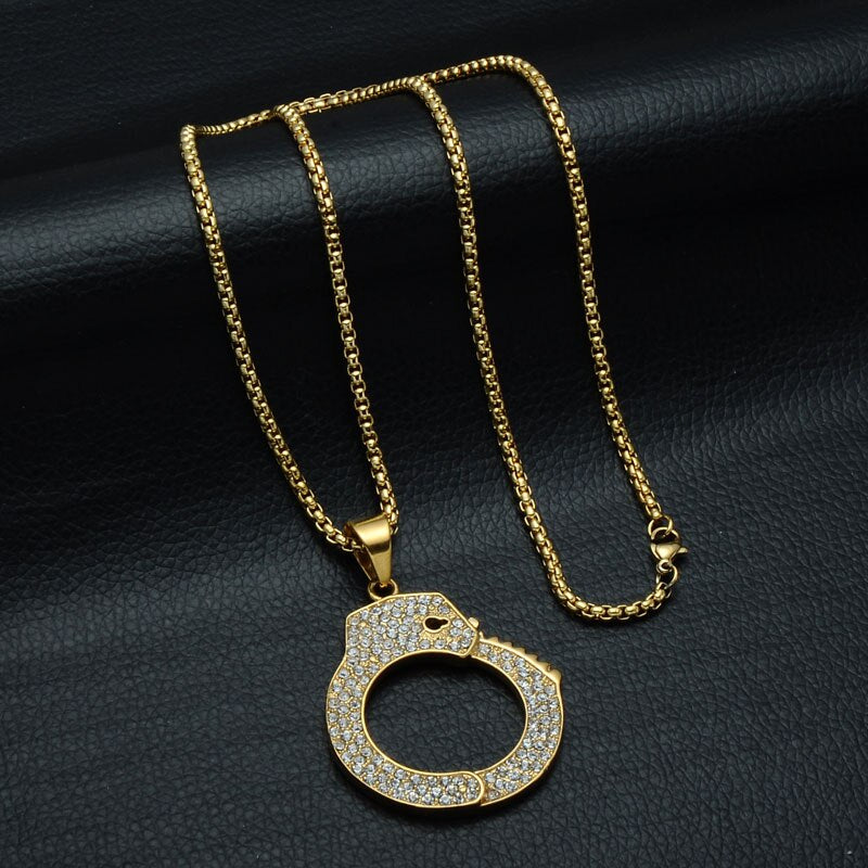 Gemstone-Studded Gold-Plated Handcuff Bling Stainless Steel Hip-hop Pendant Necklace-Necklaces-Innovato Design-Innovato Design