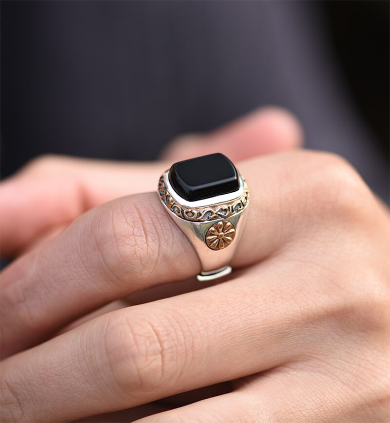 Black Onyx Stone 925 Sterling Silver Adjustable Vintage Ring-Rings-Innovato Design-Innovato Design